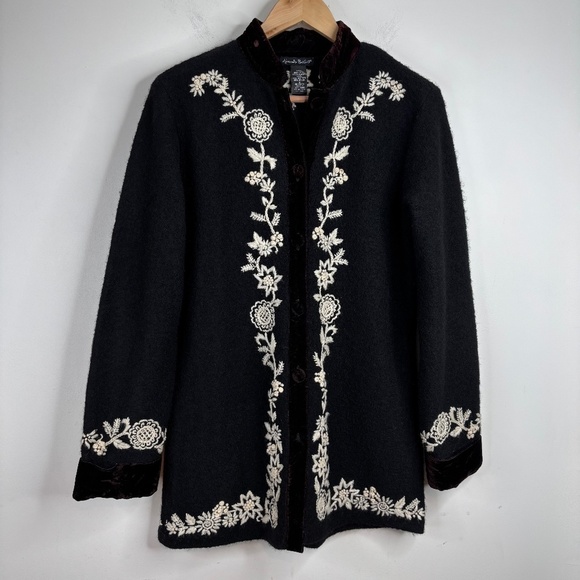 Alexandra Bartlett Wool Cardigan S Floral Embroidered Velvet Boho Lagenlook Art - Picture 1 of 10